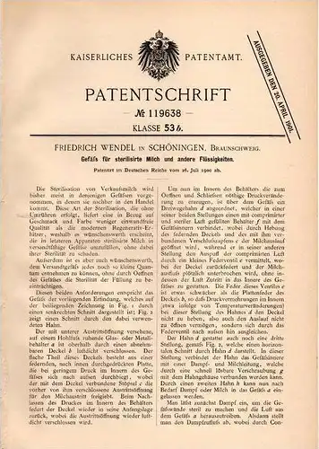 Original Patentschrift - F. Wendel in Schöningen , Braunschweig , 1900 , Gefäß für sterilisierte Milch !!!