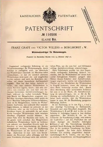 Original Patentschrift - F. Grafe und V. Willers in Borghorst i.W., 1898 , Wickelwalzenträger für Mangeln , Steinfurt !!