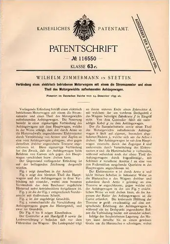 Original Patentschrift - elektrischer Motorwagen , Automobil , 1899 , W. Zimmermann in Stettin !!!