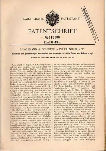 Original Patentschrift - Langemann & Schulte in Plettenberg i.W. , 1900 , Maschine zum Schneiden von Gewinde !!!