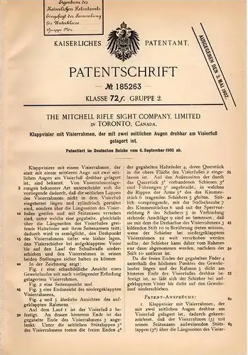 Original Patentschrift - The mitchell Rifle Sight Comp. in Toronto , 1905 , Klappvisier für Gewehre , Gewehr !!!