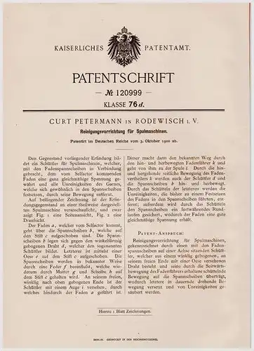 Original Patentschrift - C. Petermann in Rodewisch i.V., 1900 , Reinigung von Spulmaschinen , Näherei , Stickerei !!!