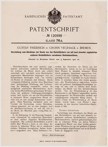 Original Patentschrift - G. Friedrich in Grohn Vegesack b. Bremen , 1900 , Hechelmaschine !!!