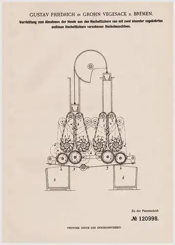 Original Patentschrift - G. Friedrich in Grohn Vegesack b. Bremen , 1900 , Hechelmaschine !!!