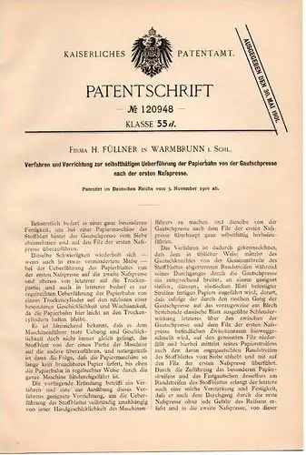 Original Patentschrift - Fa. H. Füllner in Warmbrunn i.Schl., 1900 , Gautschpresse , Papier , Cieplice Slaskie-Zdroj