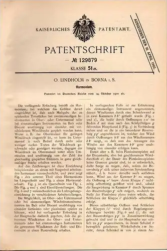 Original Patentschrift - O. Lindholm in Borna i.S., 1900 , Harmonium , Akkordeon , Zieharmonika !!!