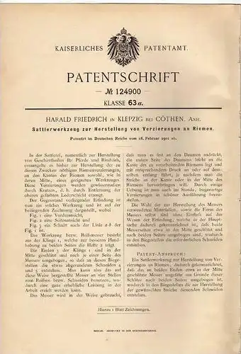 Original Patentschrift - H. Friedrich in Klepzig b. Cöthen , Anh., 1901 , Sattler - Werkzeug für Verzierungen , Köthen !