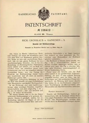 Original Patentschrift - R. Grosslaub in Hainichen i.S., 1899 , Gewebe mit Roßhaar - Einlage !!!