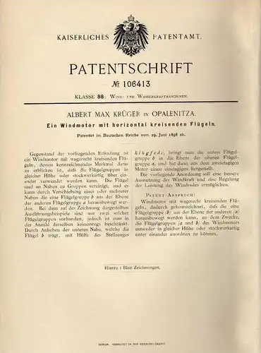 Original Patentschrift - A. Krüger in Opalenitza / Opalenica , 1898 , Windmotor , Windrad !!!