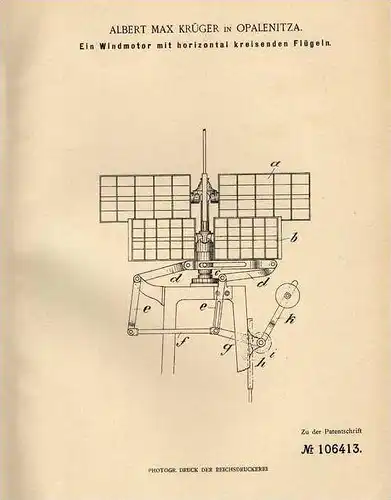 Original Patentschrift - A. Krüger in Opalenitza / Opalenica , 1898 , Windmotor , Windrad !!!