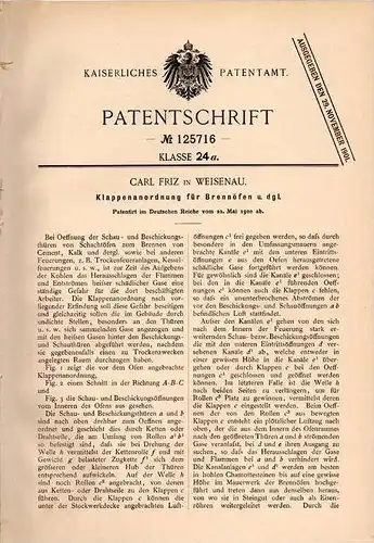 Original Patentschrift - Carl Friz in Weisenau b. Mainz , 1900 , Brennofen - Klappenanordnung , Ofen , Schachtofen !!!