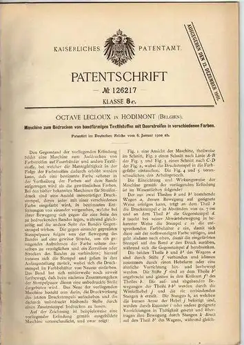 Original Patentschrift - O. Lecloux in Hodimont , 1900 , Textil - Druckmaschine , Verviers !!!