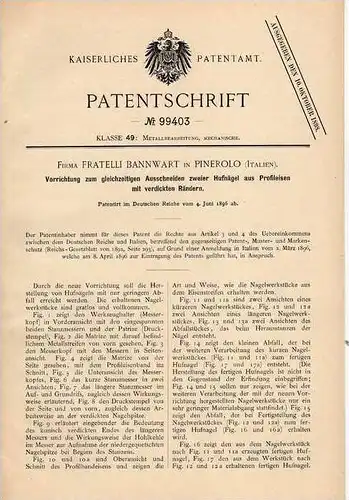 Original Patentschrift - Fa. F. Bannwart in Pinerolo , Italia , 1896 , Ferro di cavallo, fabbro, chiodo, cavallo !!!