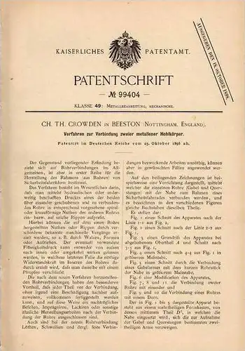 Original Patentschrift - Ch. Crowden in Beeston , Nottingham , 1896 , Rohre für Fahrrad , bicycle , Rohrherstellung !!!