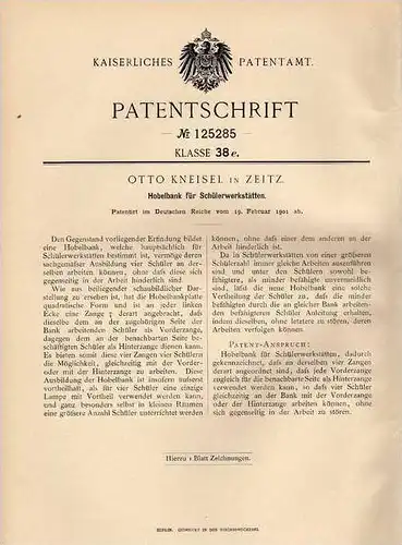 Original Patentschrift - O. Kneisel in Zeitz , 1901 , Hobelbank für Werkstatt , Hobel , Tischlerei !!!