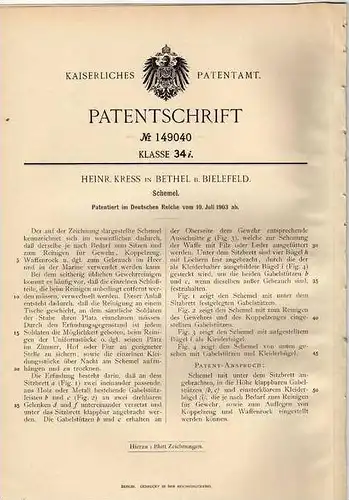 Original Patentschrift - H. Kress in Bethel b. Bielefeld ,1903, Schemel für Koppelzeug , Gewehr , Marine , Heer  Uniform