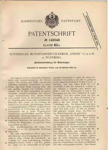 Original Patentschrift - Motorfahrzeug - Fabrik "Union" in Nürnberg , 1902 , Antrieb für Motorwagen , Automobile !!!