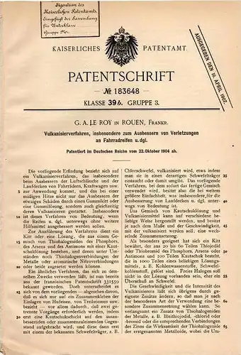 Original Patentschrift - G. le Roy in Rouen , 1904 , Vulcanisieren von Reifen , Fahrrad , Automobile !!!