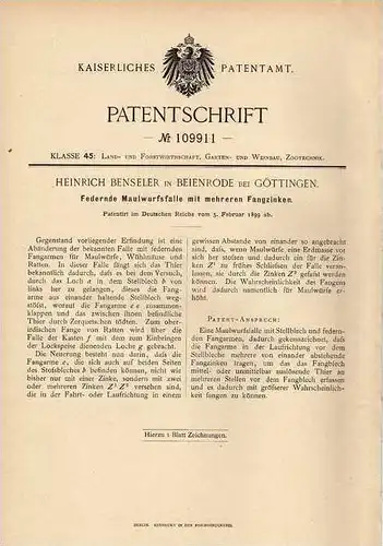 Original Patentschrift - H. Benseler in Beienrode b. Göttingen , 1899 , Falle für Maulwurf , Ratten , Mäuse !!!