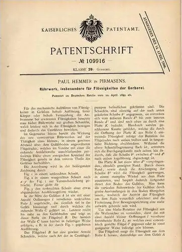 Original Patentschrift - P. Hemmer in Pirmasens , 1899 , Rührwerk für Flüssigkeiten !!!