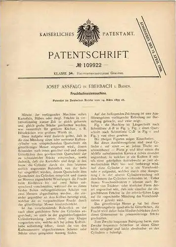 Original Patentschrift - J. Assfalg in Eberbach , Baden , 1899 , Fruchtschneidemaschine , Frucht , Früchte !!!