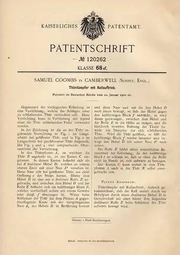 Original Patentschrift - S. Coombs in Camberwell , 1900 , Damper for door  , London !!!