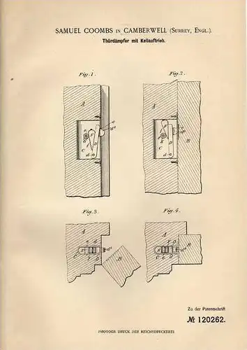 Original Patentschrift - S. Coombs in Camberwell , 1900 , Damper for door  , London !!!