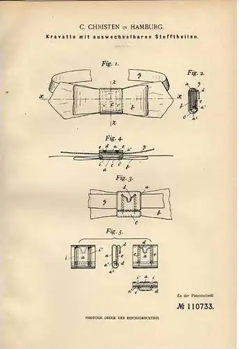 Original Patentschrift - Kravatte mit wechselbaren Stofftheilen , 1899 , C. Christen in Hamburg !!!