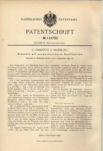 Original Patentschrift - Kravatte mit wechselbaren Stofftheilen , 1899 , C. Christen in Hamburg !!!