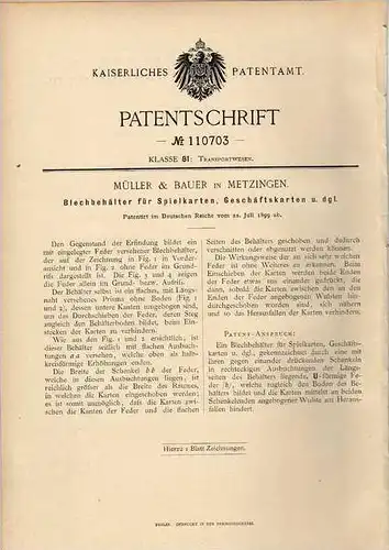 Original Patentschrift - Müller & Bauer in Metzingen , 1899 , Behälter für Spielkarten , Kartenspiel , Karten , Skat !!!
