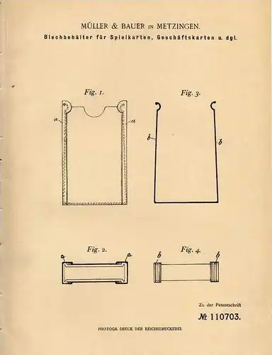 Original Patentschrift - Müller & Bauer in Metzingen , 1899 , Behälter für Spielkarten , Kartenspiel , Karten , Skat !!!