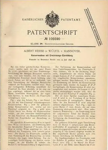 Original Patentschrift - A. Rehse in Wülfel b. Hannover , 1898 , Konservendose mit Erwärmer !!!