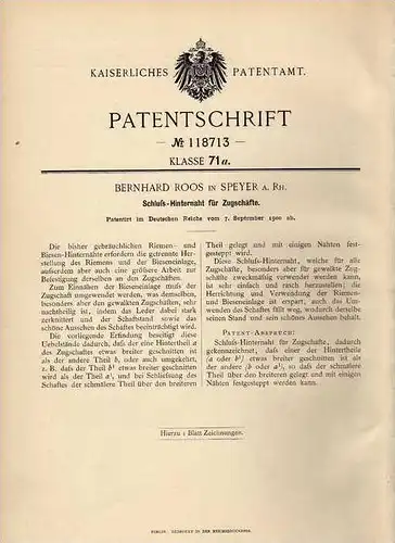 Original Patentschrift - B. Roos in Speyer a. Rh., 1900 , Hinternaht für Zugschäfte !!!