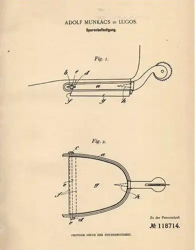Original Patentschrift - A. Munkács in Lugos / Lugoj , 1900 , Befestigung für Sporen ,  Pferde , Rumänien !!!