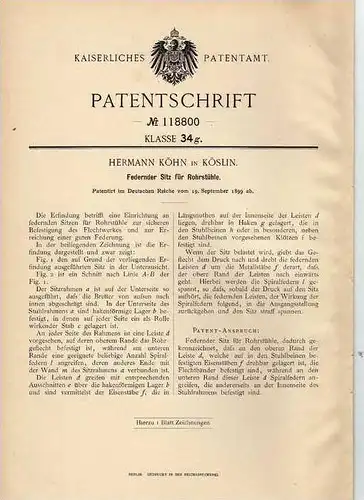Original Patentschrift - H. Köhn in Köslin , 1899 , Sitz für Rohrstühle !!!