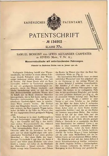 Original Patentschrift - S. Mohony in Revers , USA , 1902 , Wasser - Rutschbahn mit tauchenden Fahrzeugen !!!