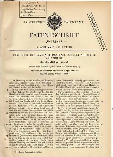 Original Patentschrift - Deutsche Reklame -Automaten GmbH in Hamburg , 1906 , Geschicklichkeitsspiel !!!