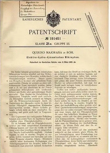 Original Patentschrift - Q. Majorana in Rom , 1905 , Mikrophon , Mikrofon !!!