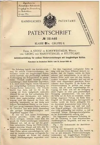 Original Patentschrift - Fa. A. Stotz in Kornwestheim , 1906 , Förderapparat , G. von Hanffstengel in Stuttgart !!!