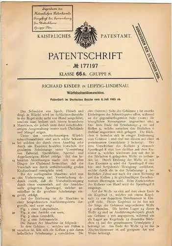 Original Patentschrift - R. Kinder in Leipzig - Lindenau , 1905 ,Würfelschneidemaschine für Speck , Fleisch , Schlachter