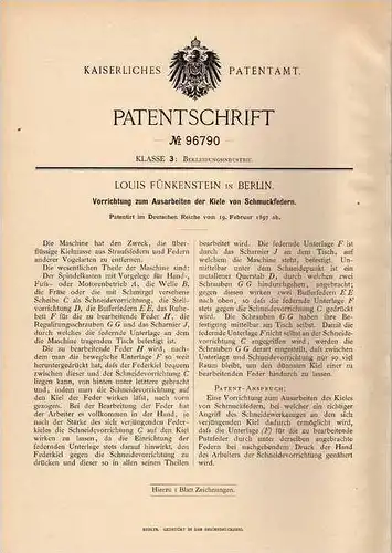Original Patentschrift - Apparat für Schmuckfedern , Strauß , Vogelfedern , 1897 , L. Fünkenstein in Berlin , Vögel !!!