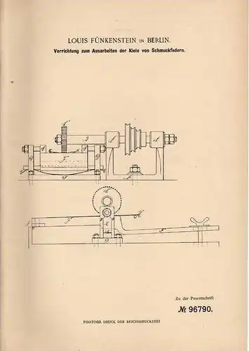 Original Patentschrift - Apparat für Schmuckfedern , Strauß , Vogelfedern , 1897 , L. Fünkenstein in Berlin , Vögel !!!