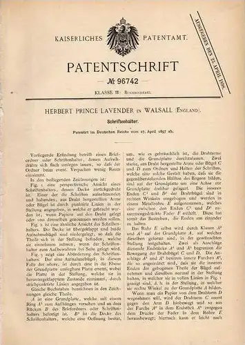 Original Patentschrift - H. Lavender in Walsall , 1897 , Halter für Schriften , Dokumente , Ordner !!!