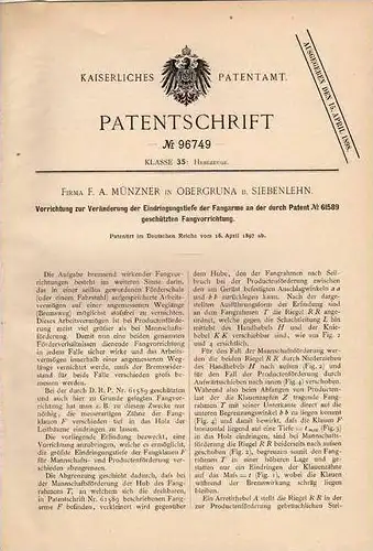 Original Patentschrift - Fa. Münzer in Obergruna b. Siebenlehn , 1897 , Fänger für Fahrstuhl bei Seilabriss , Aufzug !!!