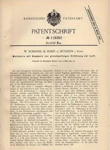Original Patentschrift - W. Schroer in Mülheim a. Ruhr , 1900 , Malzofen , Malzdarre , Malz  !!!