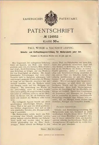 Original Patentschrift - P. Winde in Naunhof - Leipzig , 1900 , Schwitz- und Entfeuchtungsvorrichtung für Mahlprodukte !