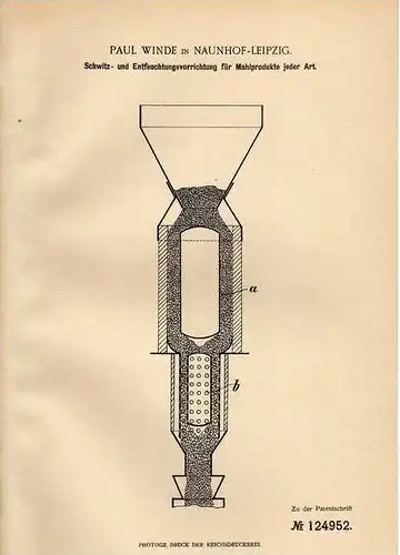 Original Patentschrift - P. Winde in Naunhof - Leipzig , 1900 , Schwitz- und Entfeuchtungsvorrichtung für Mahlprodukte !