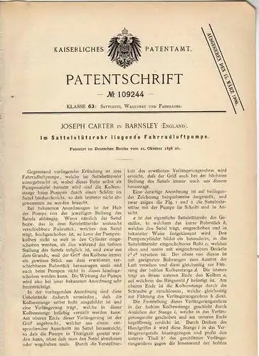 Original Patentschrift - J. Carter in Barnsley , 1898 , Luftpumpe für Fahrrad im Sattel !!!