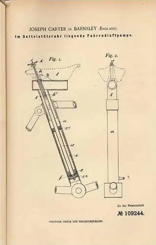 Original Patentschrift - J. Carter in Barnsley , 1898 , Luftpumpe für Fahrrad im Sattel !!!