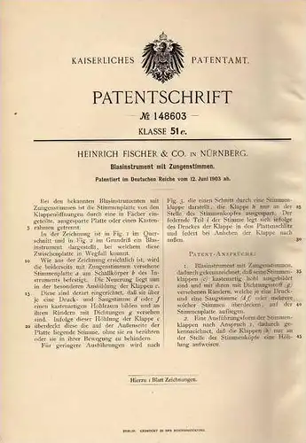 Original Patentschrift - Heinrich Fischer & Co in Nürnberg , 1903 , Tuba , Posaune , Trompete !!!